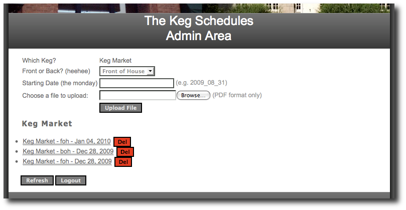 the Keg Schedules Administration Page