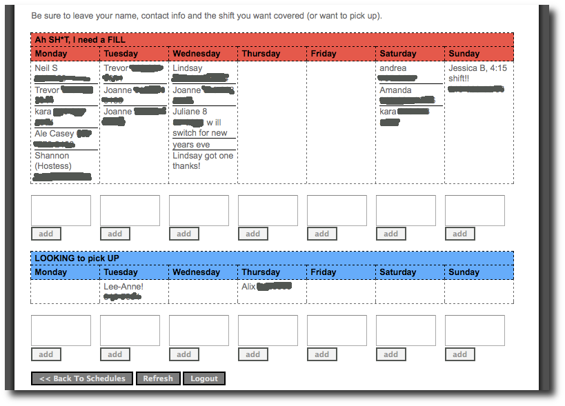 the Keg Schedules Staff Pick Up/Drop Page