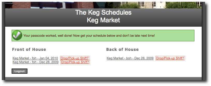 the Keg Schedules Staff Page
